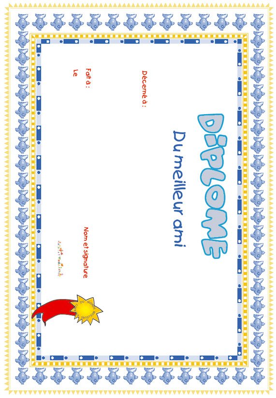 diplome meilleur ami jaune et bleu
