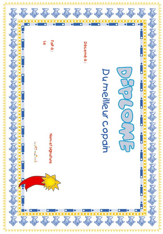 diplome meilleur copain jaune et bleu
