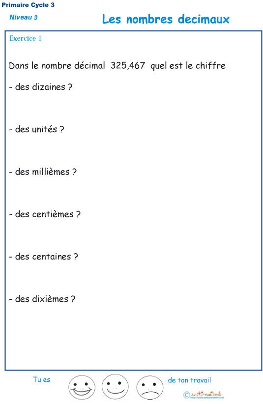 Imprimer exercice 1 sur les nombres d&eacute;cimaux
