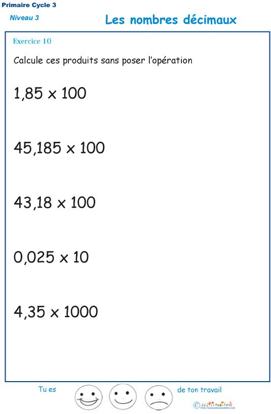 Imprimer l'exercice 10 de multiplication sur les d&eacute;cimaux 
