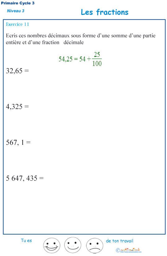 Imprimer exercice 11 sur les fractions
