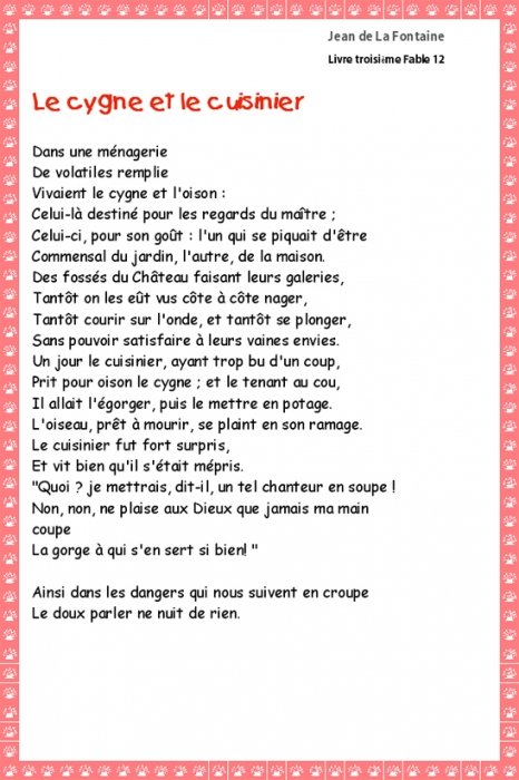 Imprimer le cygne et le cuisinier de La Fontaine
