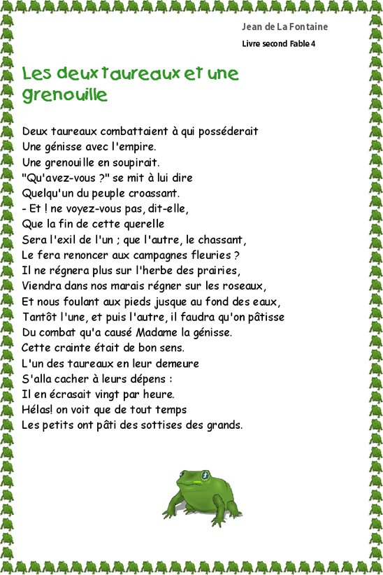 fable :  les deux taureaux et une grenouille de La Fontaine
