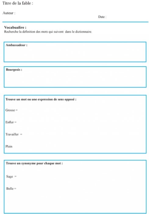 Imprimer la fiche de lecture sur la grenouille qui vent se faire aussi grosse que le boeuf