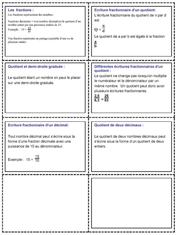 Imprimer les fiches 1 &agrave; 6 sur les fractions

