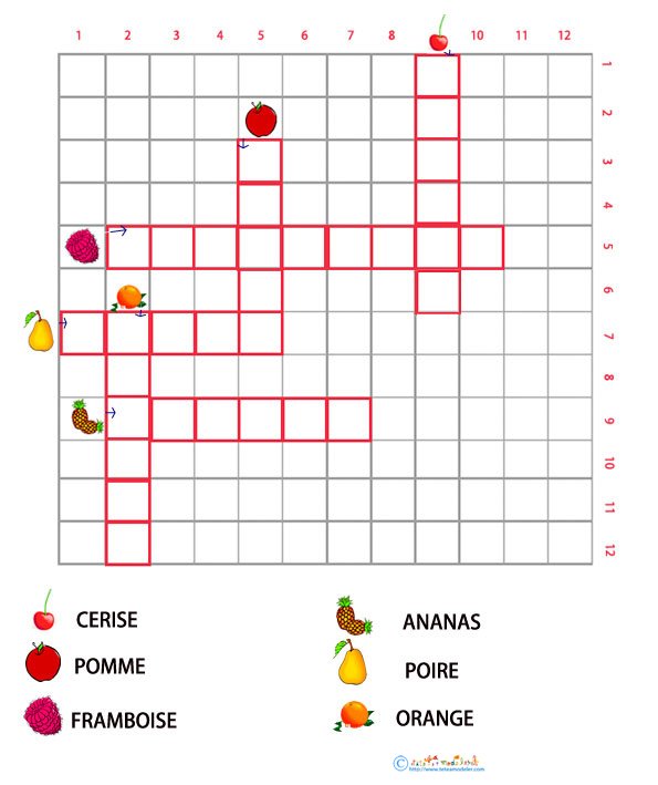 Grille de mots crois&eacute;s sur les fruits 1 &agrave; imprimer
