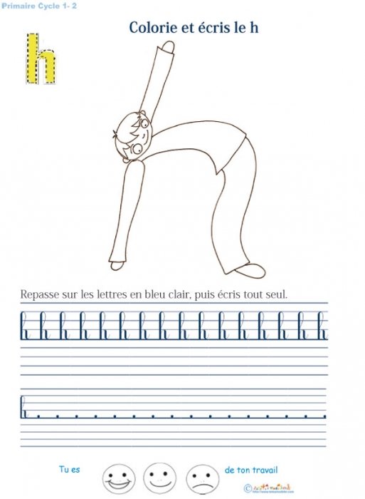 Alphabet : Ecrire et colorier le h en cursif