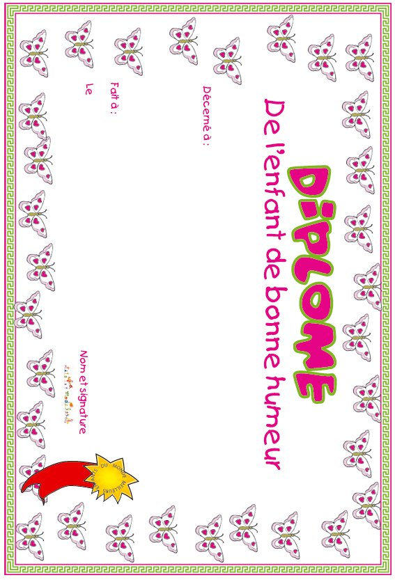 diplome enfant bonne humeur papillons
