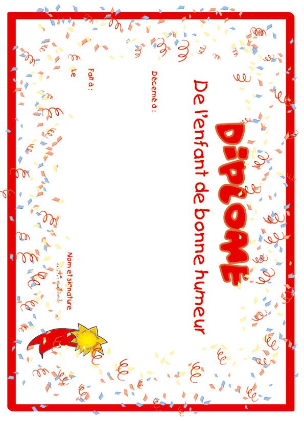 diplome enfant bonne humeur confettis
