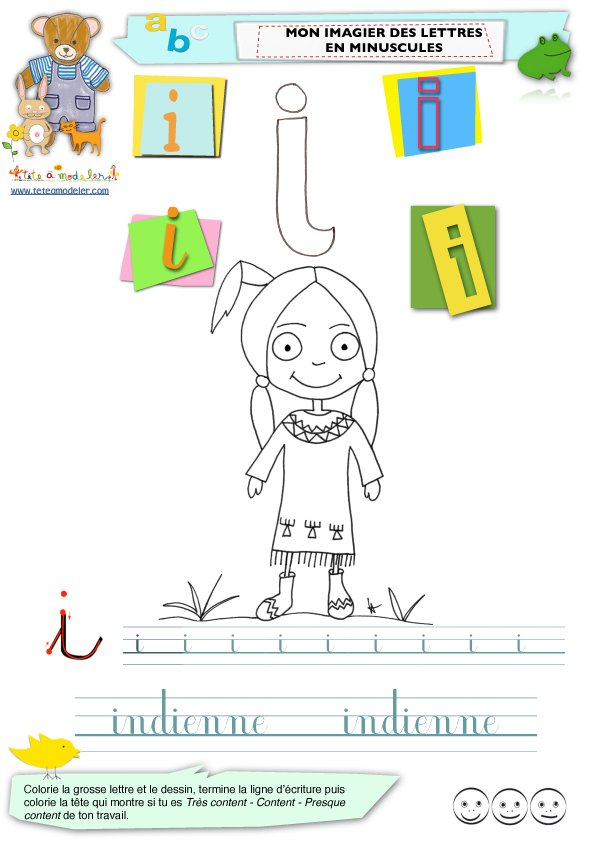 Imagier minuscules : lettre "i" comme indienne
