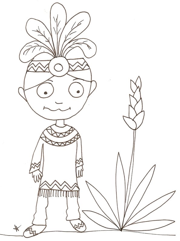 coloriage d'un indien - 5 plumes 
