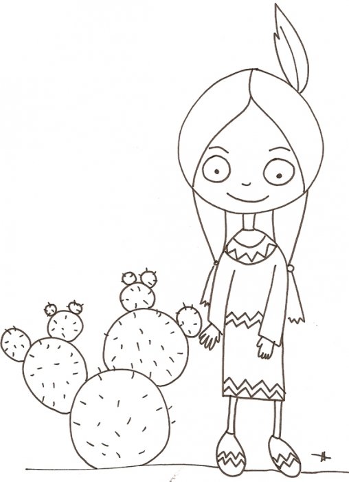 coloriage d'une indienne au cactus rond