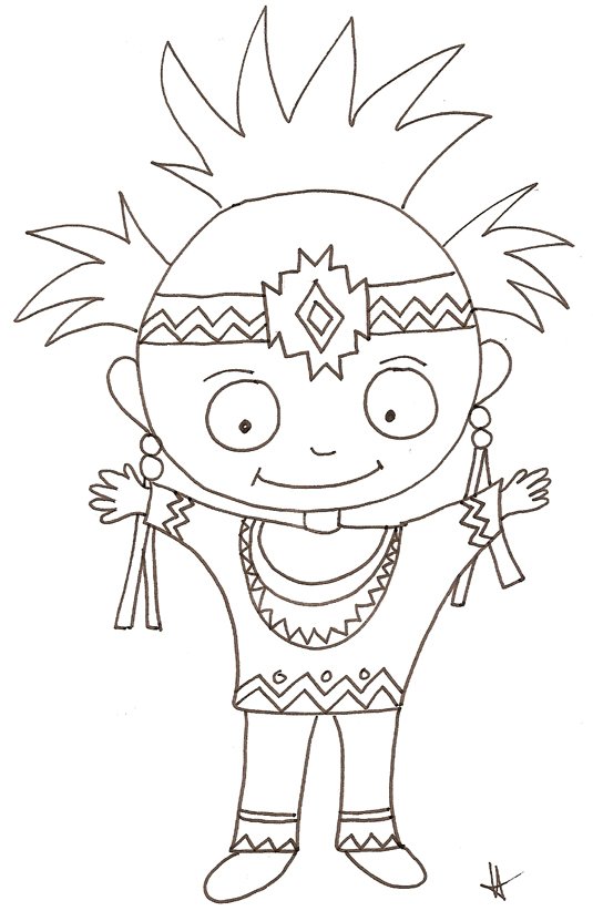 coloriage d'un petit chef indien 3 plumets 
