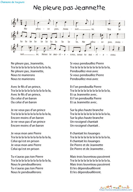 Ne pleure pas Jeannette  texte et partition
