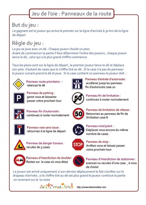 Règle de jeu du jeu de l'oie : panneaux de la route