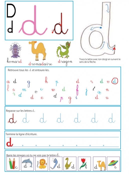 Imprimer la page sur le " d " pour le livre GS / CP sur les minuscules