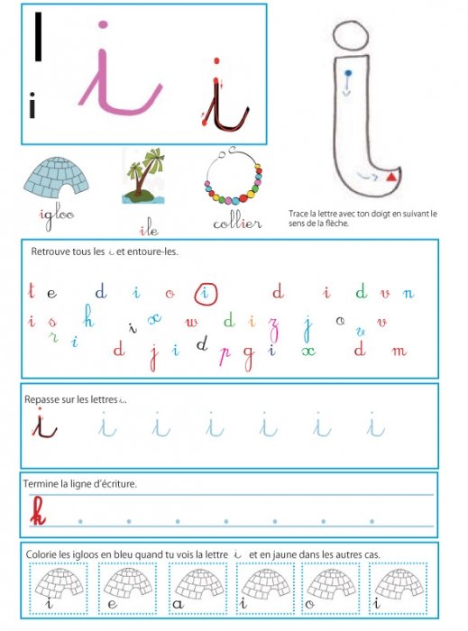 Page d'activité sur la lettre " i " pour le livre GS / CP sur les minuscules
