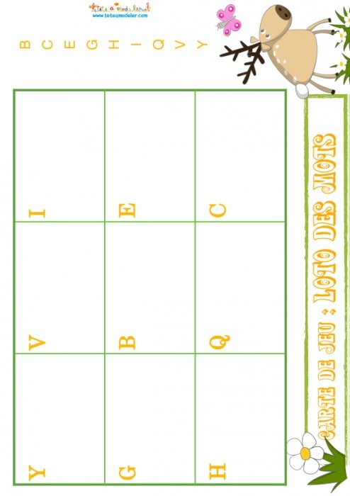 Planche loto des mots 24 : B-C-E-G-H-I-Q-V-Y