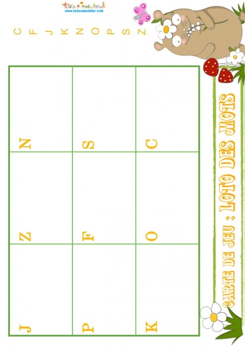 Planche 22 loto des mots : C-F-J-K-N-O-P-S-Z