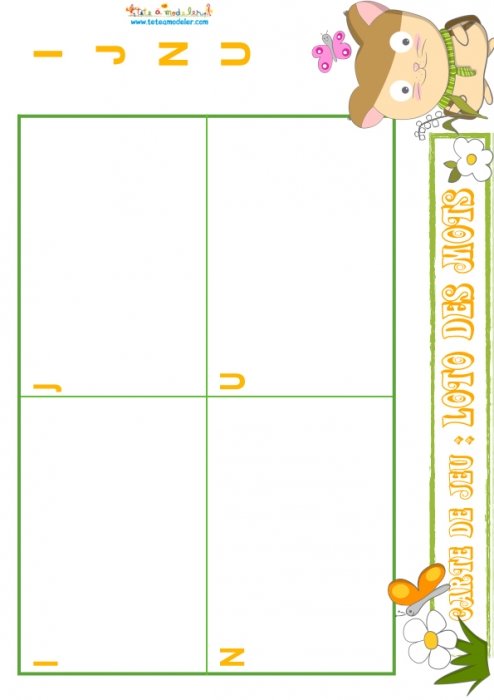Loto des mots : planche 5 lettres I-J-N-U