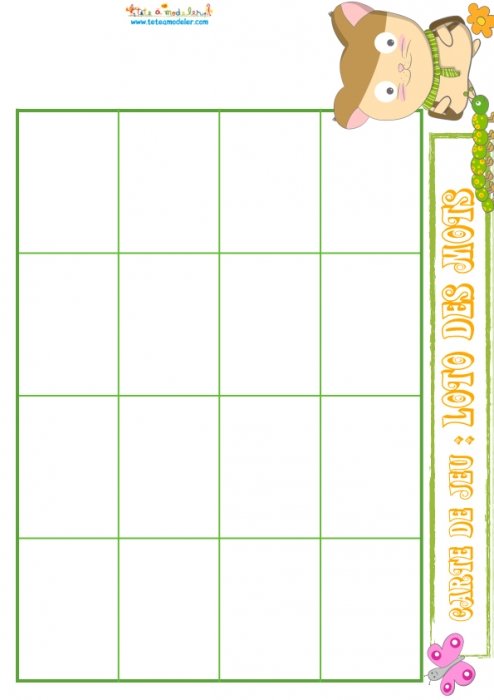Carte de jeu ours 44 : grille de loto des mots 