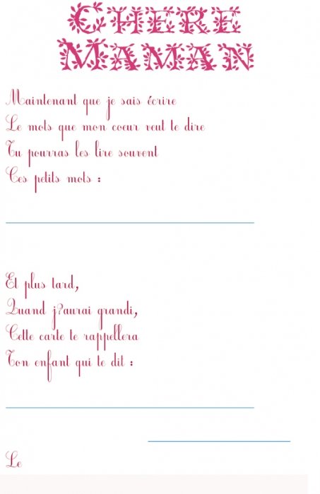 Imprimer le texte : chère maman, à compléter rose 