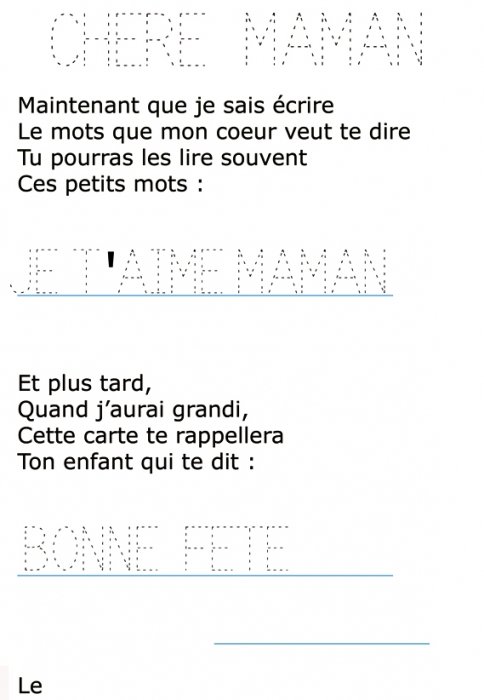 Imprimer le texte : chère maman, pour la maternelle