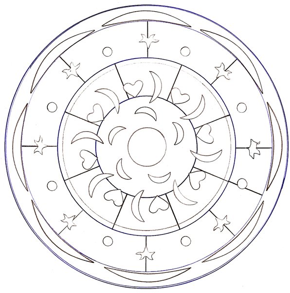 coloriage d'un mandala aux petis croissants et coeurs 
