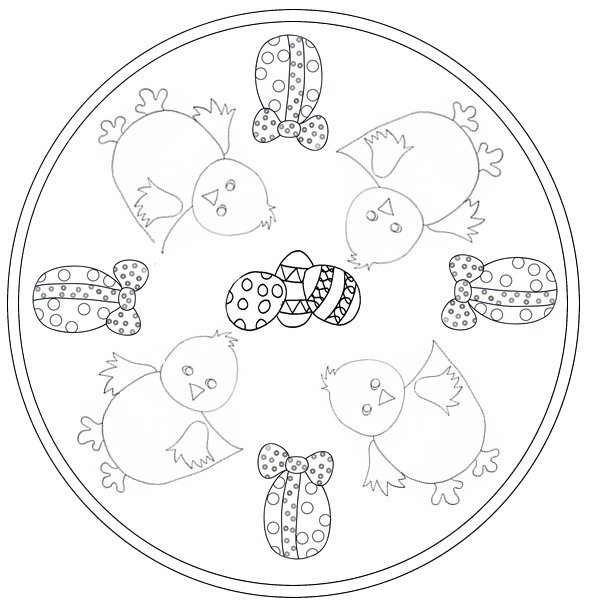 Coloriage Mandala de Pâques poussins 