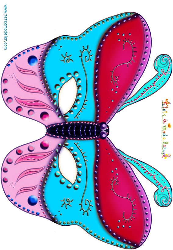 Masque papillon rouge, bleu et rose
