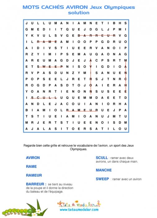Solution des mots cachés sur l'aviron