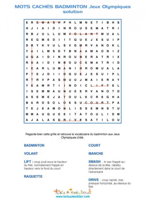 Solution des mots cachés sur le badminton