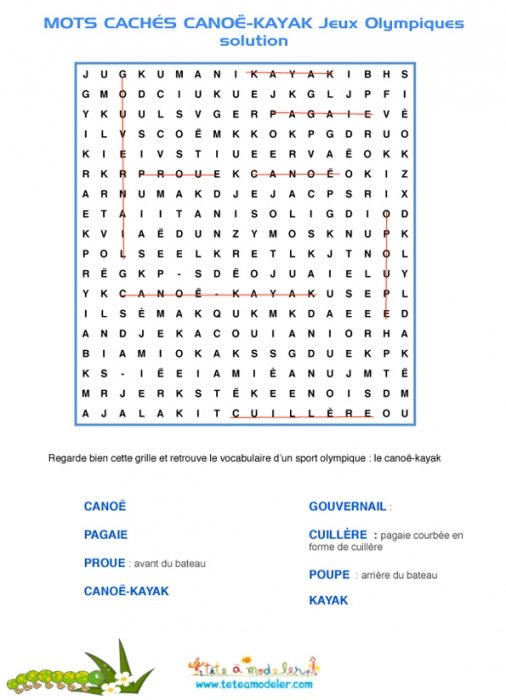 Solution pour les mots cachés du canoë-kayak