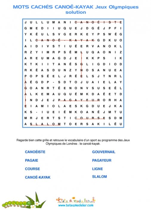 grille de solution des mots cachés canoë-kayak