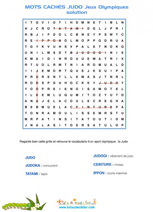 Grille de solution pour identifier l'emplacement des 6 mots de judo cachés dans cette grille.