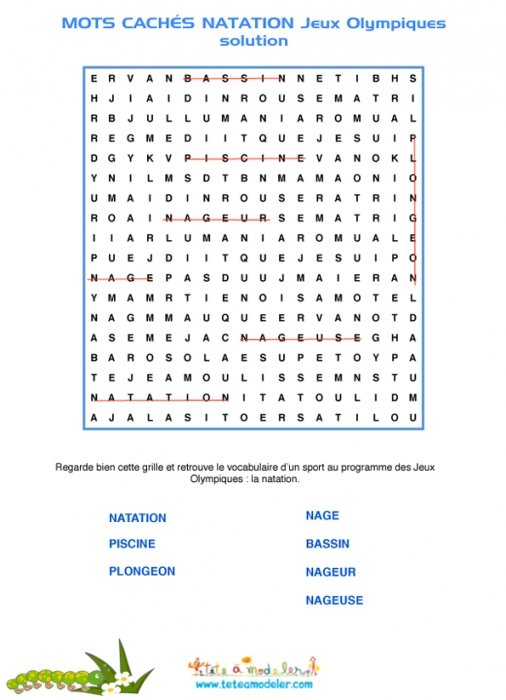 solution des mots cachés de natation