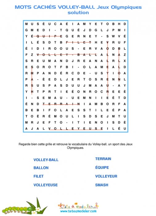 Solution de la grille mots cachés de volley-ball