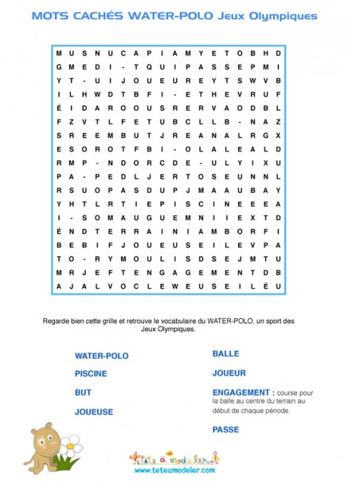 Water-polo, une grille de Mots cachés sur le water-polo