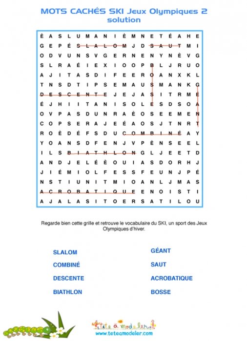 Le ski : solution des mots cachés