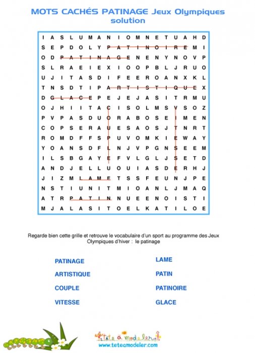 patinage, la solution des mots cachés