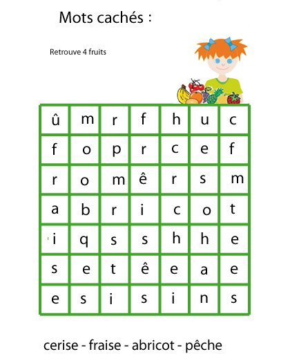 Jeu de mots cachés: les noms de fruits grille n°2