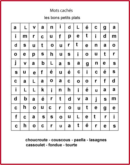 Jeu de mots cachés des noms des plats