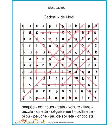 Solution du jeu de mots cachés : noms de cadeaux 