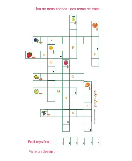 Jeu de mots Fléchés: des noms de fruits