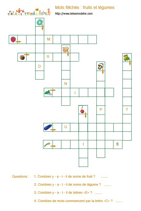 Jeu de mots Fléchés: 10 fruits et légumes