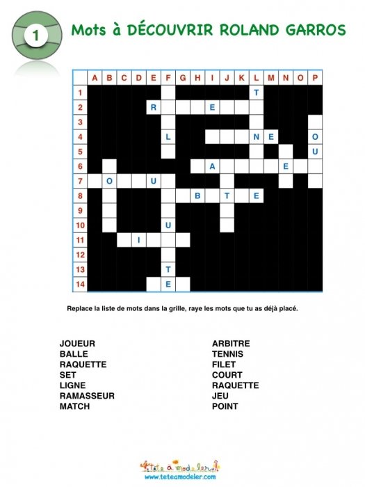 Grille de mots placés sur le tennis N°1