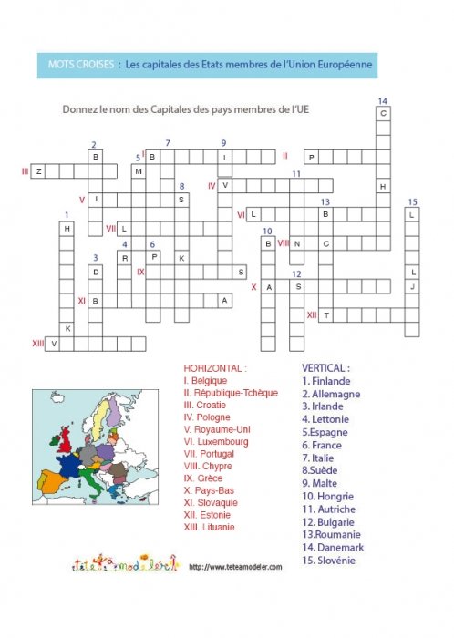 Union Européenne n°3 (avec lettres indices) Jeu de mots croisés : 