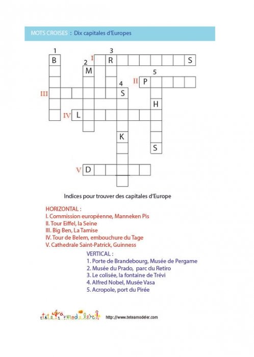 Union Européenne n°4 (avec lettres indices), Jeu de mots croisés :
