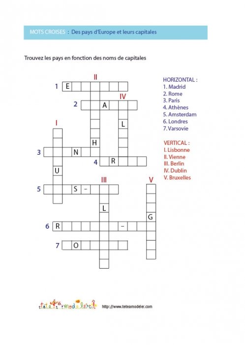 Union Européenne n°5 (avec lettres indices), Jeu de mots croisés :