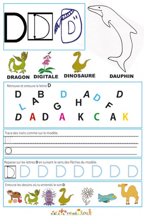 Page de lecture - écriture : lettre D de l'alphabet 